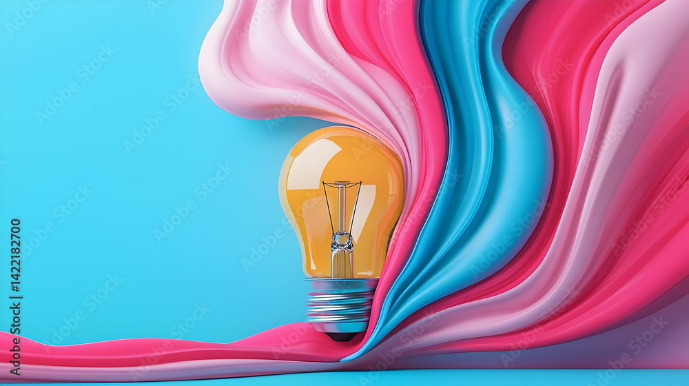 Wall mural illuminated lightbulb with colorful abstract fabric waves