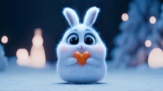 Cute fluffy bunny holding heart shaped orange object surrounded by softly illuminated winter scene