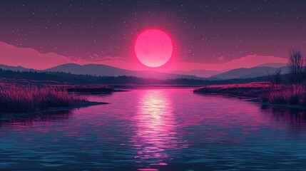 Dreamy Landscape with a Crimson Moon Shining Over a Serene River at Dusk Under a Starry Sky