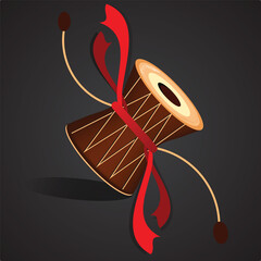 A stylized illustration of a traditional Indian percussion instrument known as the "Dugdugi" or "Damru," often used in folk music and spiritual rituals.Red ribbons and two beaters attached to its side
