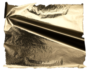 Gold metallic foil texture with a crumpled, folded surface. Luxury, shiny material with a reflective gloss and dramatic shadows. Premium, torn edges with a rich, deluxe gleam. Stylish design, bright.