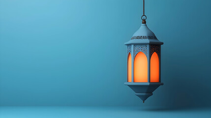 Intricate Arabic Lantern with Warm Glow Against Dark Blue Background