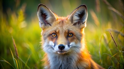 A close-up of a red fox standing in a field with natural environment. Generative AI.