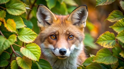 A close up of a fox looking through the leaves in front of him. Generative AI.