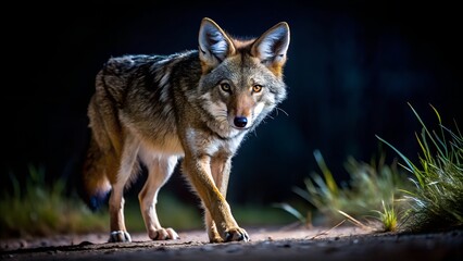 Obraz premium An aardwolf, Proteles cristata, peaks through grass while out hunting at night. Generative AI.