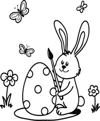 Obraz premium Bunny painting Easter egg and some flowers, Coloring for Kids and HP Printable File. ready to print on standard 8.5x11 inch paper