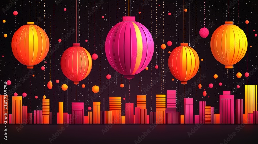 Fototapete Colorful cityscape with many buildings and a few lanterns hanging from the ceiling. The lanterns are of different sizes and colors, and they are suspended from the ceiling