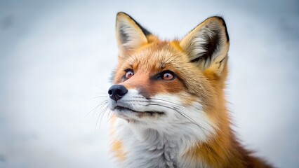 Beautiful Red Fox looking up on a white background. Generative AI.