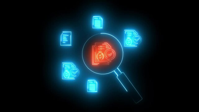 glowing a neon Document review processing concept.Documents are being examined with a magnifying glass. Document review, pending and approval. Certificate management, black background
