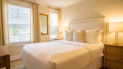Fototapeta premium Cozy bedroom featuring a neatly made bed, soft lighting, and a serene window view