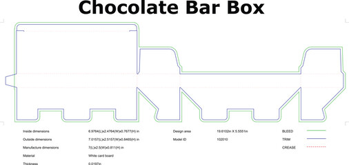Chocolate bar box packaging die cut template with dimensions for production and manufacturing