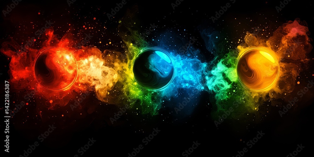 Aufkleber Colorful explosion of light and color with three different colored orbs. The orbs are in the middle of the explosion and are surrounded by a lot of colorful sparks