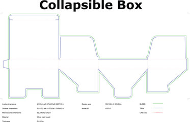 Collapsible box template packaging design blueprint with dimensions for mockup and die cutting application