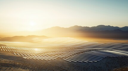 A vivid portrayal of solar panels in a field during sunset, with the sun casting a golden hue over the landscape.