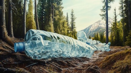 An extreme close-up shot of an empty plastic bottle lying on the ground in forest