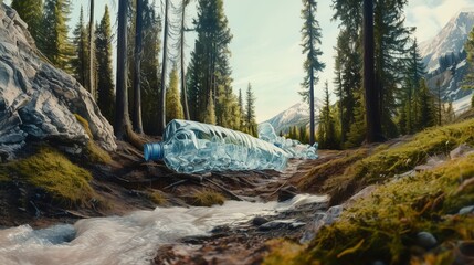 Plastic trash in forest. Nature pollution.