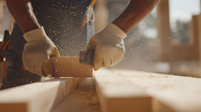 Carpenter Sanding Wood in a Workshop