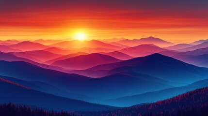 Obraz premium Vibrant Sunset Over Rolling Mountain Range Creates Dreamy Atmospheric Landscape View with Warm Colors