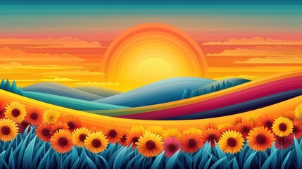 Whimsical Sunflower Field at Sunset a Kaleidoscope of Colors in a Dreamlike Landscape Painting