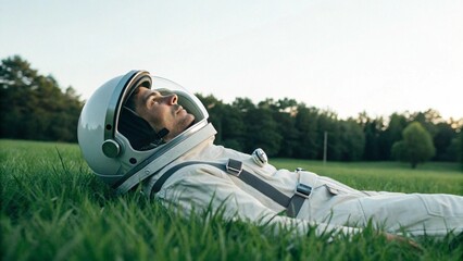 An astronaut in a white space suit lies back in lush green grass, gazing upwards at the sky, a powerful image symbolizing rest after a long journey, a return to Earth, or future exploration grounded i