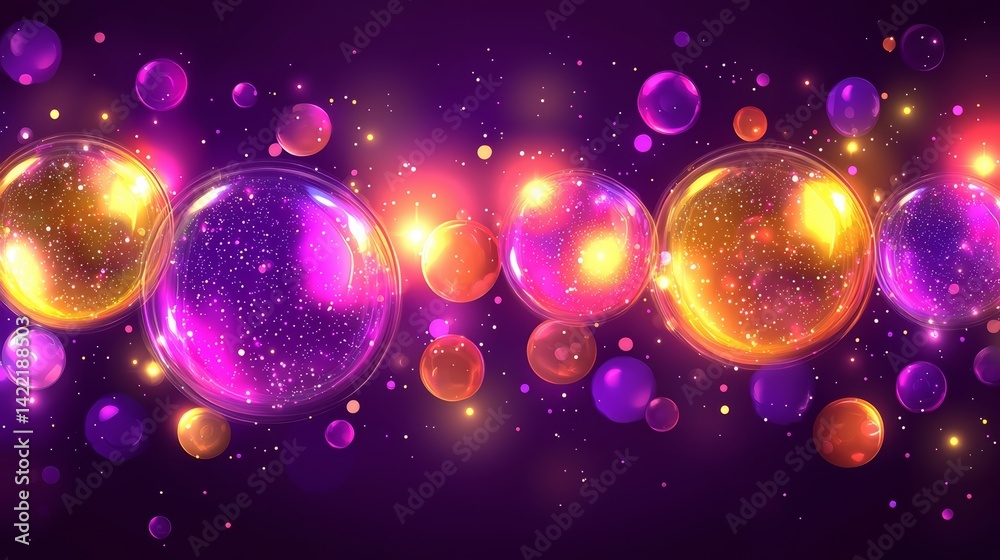 Fototapete Colorful line of bubbles with a purple background. The bubbles are in various colors and sizes, and they are scattered throughout the image. Scene is playful and whimsical