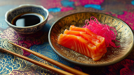 Salmon sashimi with radish threads and soy sauce dis