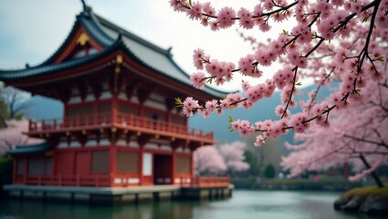 Obraz premium Japanese Temple with Cherry Blossoms