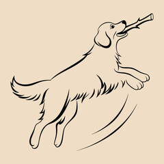 Golden retriever line art catching a stick running vector illustration