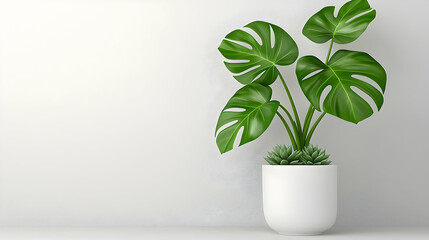 Large Artificial Monstera Plant in White Pot Against White Wall
