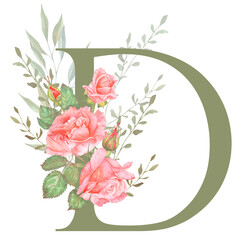 Hand painted watercolor floral alphabet - letter D. The letter of the alphabet is olive colored and decorated with watercolor roses. Wedding, birthday, children's party, any creative ideas.