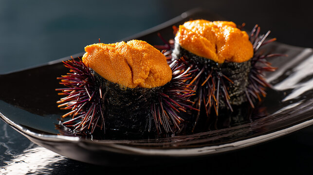 Sea urchin uni sushi on black plate creamy surface