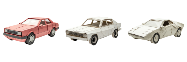 Classic origami cars in paper-fold style isolated on transparent PNG image perfect for automotive papercraft or playful illustrations