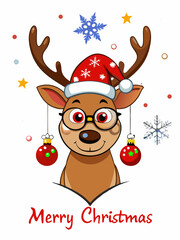 Cute Christmas Reindeer with Glasses and Santa Hat - Festive Holiday Illustration.