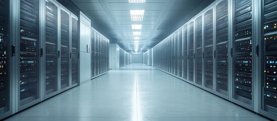 Inside a Modern Data Center: Rows of Servers in a Clean, Technologically Advanced Facility