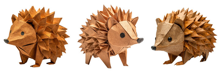 Adorable origami hedgehogs in various poses isolated on transparent PNG image perfect for woodland animal packs or kids' stories