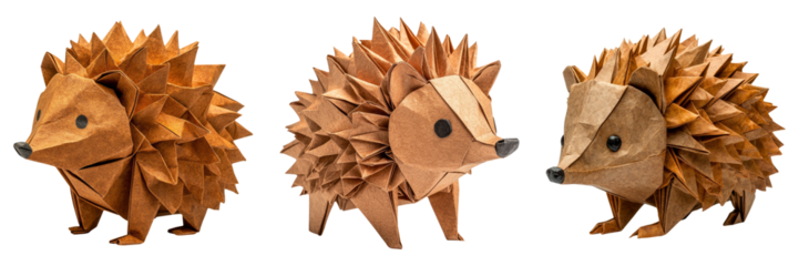 Adorable origami hedgehogs in various poses isolated on transparent PNG image perfect for woodland animal packs or kids' stories