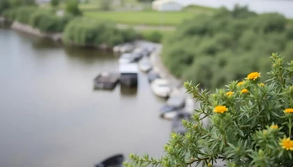 Fototapeten Floral Foreground at Tranquil Lakeside Boat Mooring on a Cloudy Day © Zilan