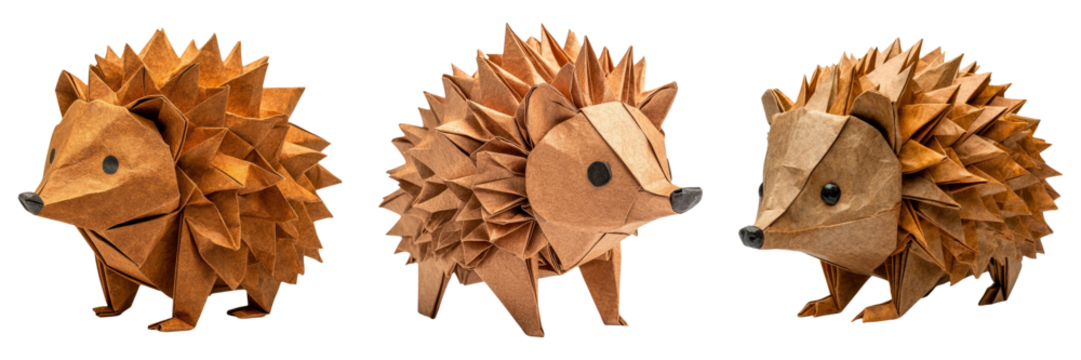 Adorable origami hedgehogs in various poses isolated on transparent PNG image perfect for woodland animal packs or kids' stories