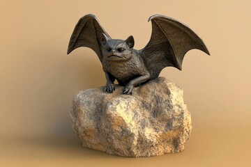 Fototapeta premium Dark, winged feline creature perched on a rock.