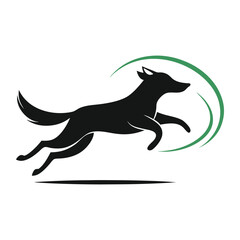 Silhouette of a dynamic leaping dog with curved green elements design