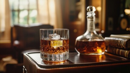 A glass of whiskey with ice beside a liquor decanter