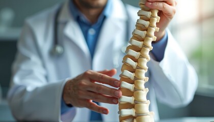 Medical professional doctor examines spine model. Healthcare, anatomy concept. Focus vertebral column, spinal cord, vertebrae. Orthopedics, neurology, spine health awareness, back pain treatment.