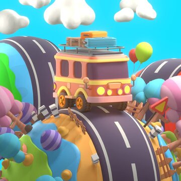 A vibrant 3D render of a cartoon-style van driving along a whimsical curved road through a stylized fantasy landscape. The scene features playful shapes, pastel colors, and soft lighting.