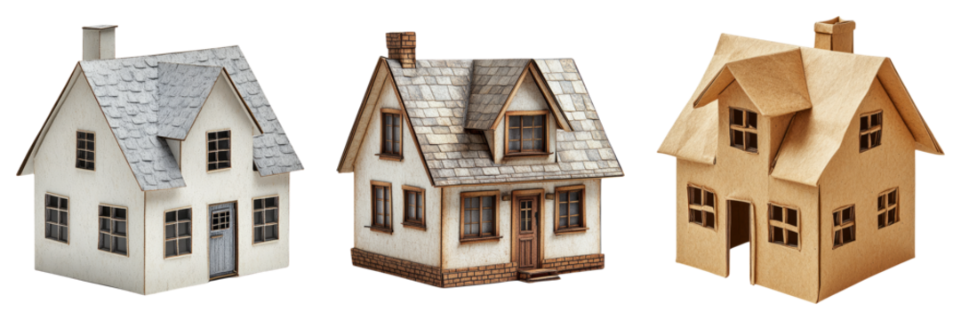 Wooden miniature house models in rustic style isolated on transparent PNG image perfect for real estate or architectural layouts