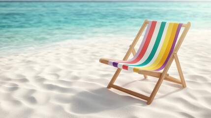Obraz premium A beautifully arranged beach chair with multicolored stripes resting on the soft sandy shore, encapsulating the essence of coastal relaxation and enjoyment.