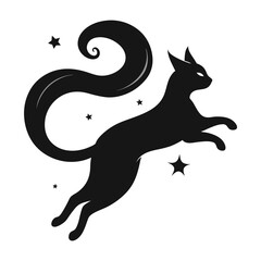 Elegant black cat silhouette leaping through stars vector illustration