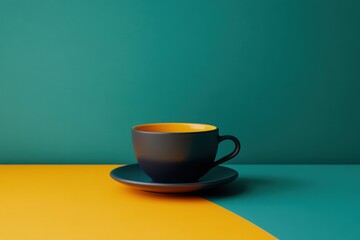 テーブルの鮮やかな緑と黄色のコントラストに浮かぶカップとソーサーが目を引く。