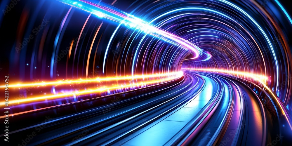 Poster colorful tunnel with a bright blue line running through it. the tunnel is illuminated with neon ligh