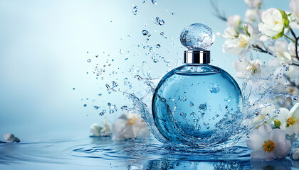 blue perfume bottle splashing in water with flowers on a blue background