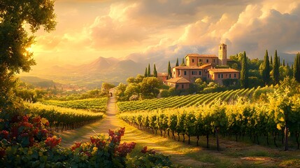 Naklejka premium Dreamlike Italian Vineyard Estates Showcasing Timeless Wine Craftsmanship and Sunlit Natural Beauty in Traditional Countryside